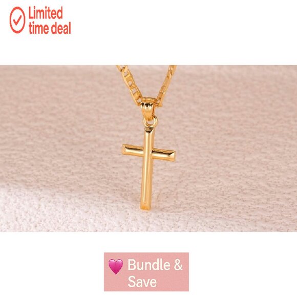 14K Gold Cross Pendant Necklace 26mm Minimalist Faith Chain - Picture 8 of 8
